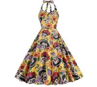 WVONIF Robe Vintage Halloween Femme Tete De Mort Robe Vintage Victorienne Dentelle Corset Steampunk Bustier Robes Medieval Gothique Manches Longues Black Corset Dress Costume Halloween, XL