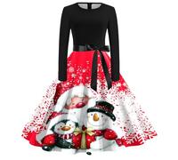 WVONIF Robes de Noël pour Femmes Robe Moche Noel Mignon Imprimer De Noël Renne Robe de Noël Robe Femme de Cocktail Vintage Rockabilly Robe Manches Longue col carré Rétro Costume Noël Femme