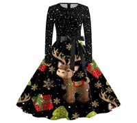 WVONIF Robes de Noël pour Femmes Robe Noel Femme Vintage Drôle Rudolph Renne Imprimé Robe de Mère Noël Robe de Soirée Rockabilly Vintage Années 50s Manches Longue Costume De Père Noël