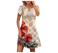 WVONIF Robes Femme Soirée Rétro Boheme Imprimé Robes Col Rond Robes Au Genou sans Manche Unie Casual Ample Robe De Plage Robe Demoiselle d'honneur Femme ( Kaki, M