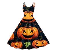 WVONIF Robes Femmes Halloween Citrouille Robe Vintage de soirée Cocktail Déguisement Bal Années 50s 60s Col en V Robe Maxi Decontractée À Manches Longues Et Col Rond pour Femme Robe Noir Gothique