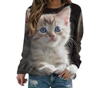 WVONIF Sweat Femme sans Capuche Femme Sweatshirt Imprimées Chat Sweatshirt Pull T-Shirts à Manches Longues Tops Épaules Nues Blouse Shirt Pull Blanc Femme