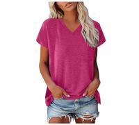 WVONIF T-Shirt Côtelé pour Femme Haut élégant à Manches Courtes et col V Tshirt Basique Coupe Ajustée Extensible Décontracté Été Tshirt Personnalisé sous Vetement(Tee Shirt Long Femme Rose Vif,XL)