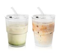 Wvu & Wvo Lot de 2 gobelets en verre de 400 ml avec couvercle et paille - Design hermétique et étanche - Pour jus, lait, café