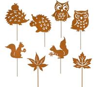WVWMYM 8 Piquets Decoration Jardin Exterieur, 25 cm des Deux Côtés Déco Jardin Métal Rouillé avec Lgel Feuille d'érable Écureuil Chouette Décoration Automne pour Jardins Pelouses Jardinières