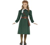 Smiffys Costume fille évacuée Deuxième guerre mondiale, vert, avec robe, chapeau, sac et étiquette avec nom