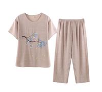 WWBPOIUY vêtements d'intérieur pour femmes, Navy Floral Lounge Wear Sets for Women - Plus Size Cropped Pyjamas with Capri Pants & Short Sleeve Blouses(01#Khaki,4XL)