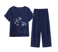 WWBPOIUY vêtements d'intérieur pour femmes, Navy Floral Lounge Wear Sets for Women - Plus Size Cropped Pyjamas with Capri Pants & Short Sleeve Blouses(01#Navy,XL)