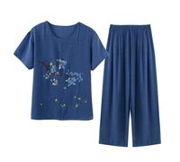 WWBPOIUY vêtements d'intérieur pour femmes, Navy Floral Lounge Wear Sets for Women - Plus Size Cropped Pyjamas with Capri Pants & Short Sleeve Blouses(01#Blue,XXL)