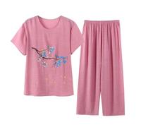WWBPOIUY vêtements d'intérieur pour femmes, Navy Floral Lounge Wear Sets for Women - Plus Size Cropped Pyjamas with Capri Pants & Short Sleeve Blouses(01#Pink,XL)