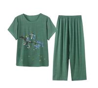 WWBPOIUY vêtements d'intérieur pour femmes, Navy Floral Lounge Wear Sets for Women - Plus Size Cropped Pyjamas with Capri Pants & Short Sleeve Blouses(01#Green,3XL)
