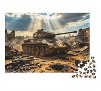 WWII Tank Puzzles 1000 Pièces Matériau Recyclable Ruines Champ Bataille Puzzles pour Seniors Jeu Éducatif Décompression Accessoires Jeu Parent-Enfant 70x50cm/1000pcs