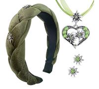 WWISTOA Lot de 3 serre-tête en velours vert Dirndl pour femme - Bijoux traditionnels - Collier et boucles d'oreilles - Pour fête de la bière - Accessoires pour fête de la bière