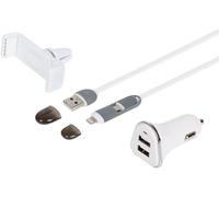 Wwp-- Chargeur Voiture - Kit De Chargement Usb 3 En 1-1 Prise Allume Cigare 12-24v - 2 Ports Usb 5v - 1 Support Smartphone - 1 Câble Plat 2 En 1 - Longueur Câble: 1m - Couleur: Blanc