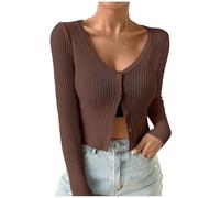 WWricotta Cardigan Court léger en Tricot côtelé boutonné à col en V pour Femme Doudoune Noire Courte (Coffee, M)