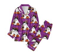 WWricotta Ensemble Pyjama en Coton pour Femme - Long - Deux pièces - Impressions d'halloween - Vêtement de Nuit et Pantalon de Pyjama Long - Automne - Hiver - Combinaison de Loisirs