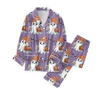 WWricotta Ensemble Pyjama en Coton pour Femme - Long - Deux pièces - Impressions d'halloween - Vêtement de Nuit et Pantalon de Pyjama Long - Automne - Hiver - Combinaison de Loisirs