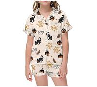 WWricotta Ensemble Pyjama pour Enfants, Loisirs, Halloween, imprimé, col boutonné, Manches Courtes, Haut et Short Robe T Shirt Fille Robes Fille Ado Robe Fille Serrer
