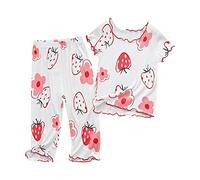 WWricotta Été Fille Mince Pyjamas Motif Fraise en Bois Bord d'oreille à Manches Courtes Ensemble Maison vêtements climatisation vêtements Robe De Filles 8 Ans Robe Fille an Robe 3 Ans Fille