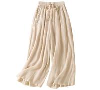 WWricotta Pantalon décontracté à Jambes Larges avec Broderie, Taille élastique, Ourlet Droit Fluide, Pantalon d'été Polyvalent en Lin à Plis/A