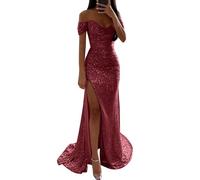 WWricotta Robe de Soirée Femme Col V Élégante Robe de Cocktail à Paillettes Moulante et Glamour Robe Longue Sexy Slim Robe Fendues à Sequins Robe de Bal pour Soirée Fête Cocktail S