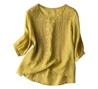 WWricotta T-Shirt Vintage en Coton et Lin brodé pour Femmes, Haut décontracté, Coupe Ample Grande Taille Opaque Couleur sous Pull Roulé Coton Grande Taille