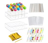 WWYSSZ Lot de 2 Support de Sucette, Présentoir à Pop Cake à 20 Trous,Bar a Sucette Acrylique, avec 100 Pcs Cake Pop Sticks,100 Pcs Sachet Bonbon,100 Pcs Ties Torsadées,20 Pcs Papillon Ties Torsadées