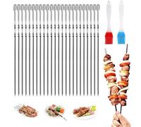 WWYSSZ Pique Brochette Inox 30cm, 24 Pièces Brochettes Inox pour Barbecue, Avec 2 Pinceaux à Huile, BBQ Brochettes à Viande en Acier Réutilisables Brochettes en Métal Plat,pour Barbecue,Viande,Légumes