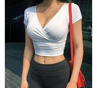 Wxbc Été français rétro Floral col en V à Manches Courtes T-Shirt Mince Amincissant Sauvage Taille Haute T-Shirt Femme Haut-Blanc,L