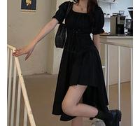 Wxbc Femmes Robe Blanche Élégante Vintage Kawaii Manches Bouffantes Robe Mi-Longue Col Carré Bandage Robe D'été Goth Tenues-Noir,S