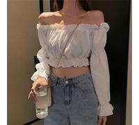 Wxbc Femmes Top Sexy Blouse Hors Épaule Haut À Manches Longues Club Party Chemise Manches Bouffantes À Volants Tunique Crop Top Été Tube Top-Blanc,S
