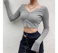 Wxbc T-Shirts Femme Sexy Col V Manches Longues Hors Épaule Dame T-Shirt Coton Uni Femmes Crop Tops T-Shirts Basiques sous-Chemise-Style A Gris,M