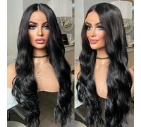 WXHWCX Perruque de cheveux synthétiques longs ondulés noirs de 33 x 15 cm, ligne de cheveux naturelle, fibre résistante à la chaleur, raie au milieu, sans colle, pour femme au quotidien