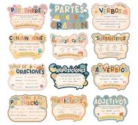 Wxiben Lot de 12 affiches de décoration de salle de classe espagnole pour salle de classe, matériel d'étude grammaire espagnole pour enseignant, décorations de tableau d'affichage d'école primaire