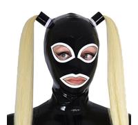 WXLPCGO Cagoule en Latex avec Perruque Queue de Cheval Masque Complet Faite Main Tenue Cosplay Unisexe avec Fermeture éClair Dos(Size:M-65CM)