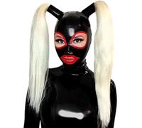 WXLPCGO Cagoule Latex Unisexe Sexy Latex Tête Couverture avec Fermeture éclair Fait à La Main Yeux Exposés Bouche avec Perruque(Size:XS-60CM)