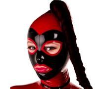 WXLPCGO Latex Tête Couverture Bondage Masque BDSM Fetish avec Queue de Cheval Rouge Sexy avec Fermeture à Glissière Club Unisexe(Size:S-63CM)