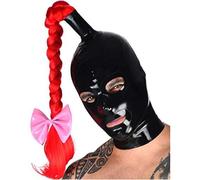 WXLPCGO Latex Tête Couverture Masque Caoutchouc avec Perruque Rouge BDSM Fetish avec Fermeture à GlissièRe pour Cosplay Club(Size:XS-60CM)