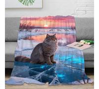 WXLWHR Couverture Polaire Flanelle Imprimée Chat des Forêts Norvégiennes, Couverture De Lit Glacier au Lever de Soleil, Ultra Douce Et Chaude Cadeau Unique pour Enfants, Garçons 70x80inch(180x200cm)