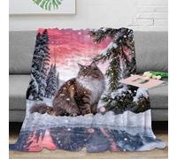 WXLWHR Couverture Polaire Flanelle Imprimée Chat des Forêts Norvégiennes, Plaid De Canapé Forêt de Pins Enneigés, Douce Et Moelleuse Idée Original pour Enfants, Garçons 50x60inch(127x152cm)