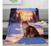 WXLWHR Couverture Polaire Flanelle Imprimée Chat Maine Coon, Plaid De Canapé Forêt de Pins Enneigés, Douce Et Moelleuse Cadeau pour Enfants, Garçons 40x50inch(100x130cm)