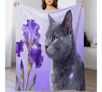 WXLWHR Couverture Polaire Flanelle Motif Chat Bleu Russe, Plaid De Canapé Iris Violet, Douce Et Moelleuse Idée Original pour Enfants Et Adultes 70x80inch(180x200cm)