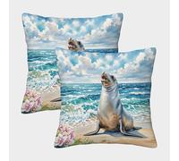 WXLWHR Housse Coussin Phoque Lot De 2, Phoque Plage Taies De Coussin Polyester Déhoussables pour Sofa Canapé Chambre Chaise 40x40cm