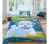 WXLWHR Housse De Couette Bichon Frisé Microfibre Douce Parure 3 Pièces Imprimée Bichon Inu Herbe Flânant avec Fermeture Éclair & Taie d'oreiller Cadeau Fête Anniversaire Single（135x200cm）