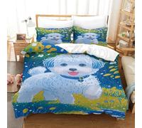 WXLWHR Housse De Couette Bichon Frisé Microfibre Douce Parure De Lit 3 Pièces À Motif Bichon Inu Herbe Flânant avec Fermeture Éclair & Taies d'oreiller pour Adulte Enfant Single（140x200cm）