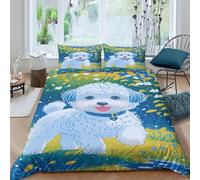 WXLWHR Housse De Couette Bichon Frisé Microfibre Douce Parure De Lit 3 Pièces Imprimée Bichon Inu Herbe Flânant avec Fermeture Éclair & Taie d'oreiller pour Garçons, Adolescents Double（200x200cm）