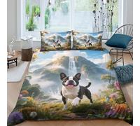 WXLWHR Housse De Couette Boston Terrier Microfibre Douce Parure De Lit Imprimée Chien Cascade Flowers 3D avec Fermeture Éclair & Taie d'oreiller pour Adulte Enfant King(220x240cm)