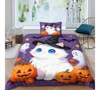 WXLWHR Housse De Couette Chat Blanc Microfibre Douce Parure De Lit Impression 3D Halloween avec Fermeture Éclair & Taie d'oreiller pour Enfants Garçons Filles Single（135x200cm）