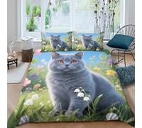 WXLWHR Housse De Couette Chat British Blue Microfibre Ultra-Douce Parure De Lit Imprimé Herbe de Muguet 3D avec Fermeture Éclair & Taies d'oreiller Cadeau Fête Anniversaire Double（200x200cm）