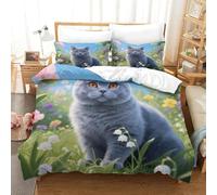 WXLWHR Housse De Couette Chat British Blue Microfibre Ultra-Douce Parure De Lit Imprimé Herbe de Muguet 3D avec Fermeture Éclair & Taie d'oreiller pour Adulte Enfant Single（140x200cm）